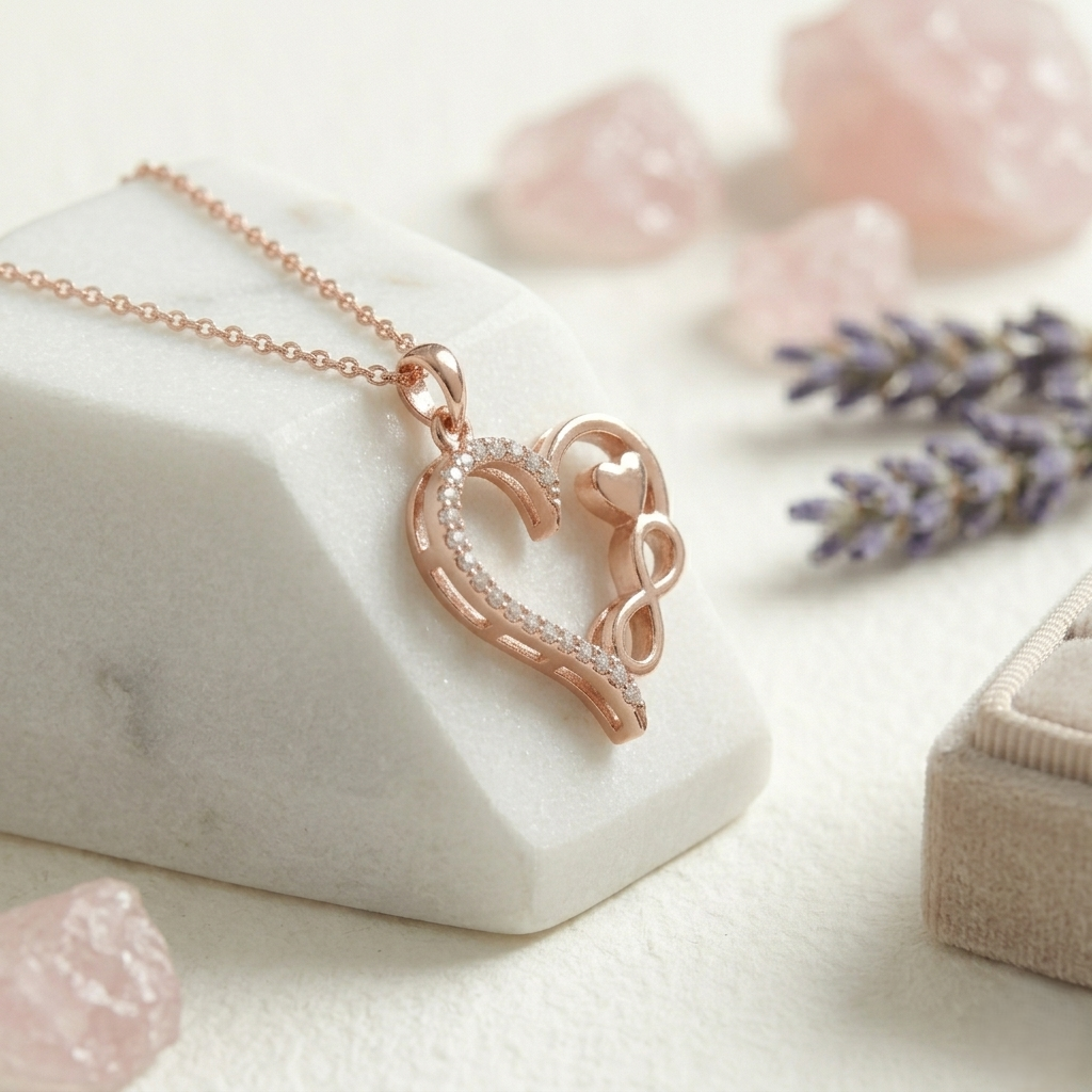 Rose Gold Heart Infinity Necklace in 925 Sterling Silver with sparkling cubic zirconia accents, elegant romantic pendant jewelry gift for women displayed on a soft marble background.