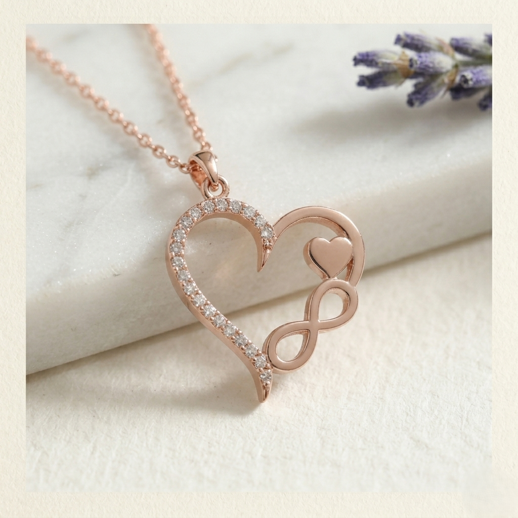 Rose Gold Heart Infinity Necklace in 925 Sterling Silver with sparkling cubic zirconia accents, elegant romantic pendant jewelry gift for women displayed on a soft marble background.