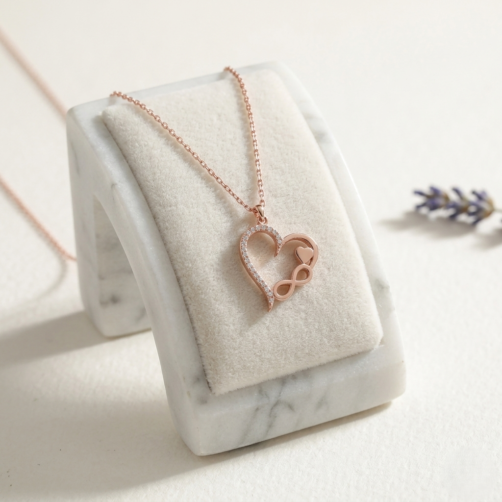 Rose Gold Heart Infinity Necklace in 925 Sterling Silver with sparkling cubic zirconia accents, elegant romantic pendant jewelry gift for women displayed on a soft marble background.
