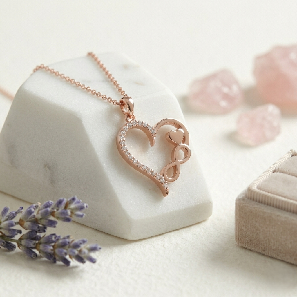 Rose Gold Heart Infinity Necklace in 925 Sterling Silver with sparkling cubic zirconia accents, elegant romantic pendant jewelry gift for women displayed on a soft marble background.