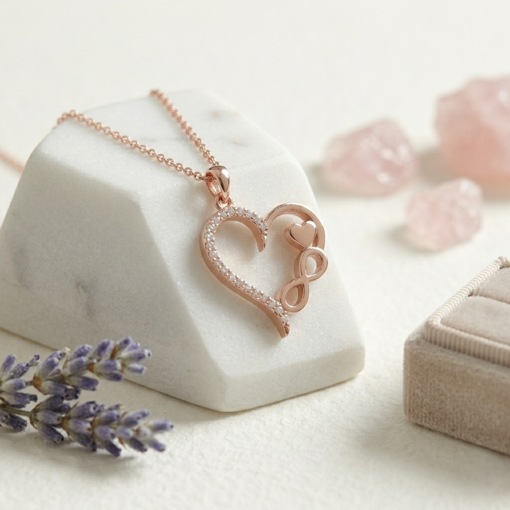 Rose Gold Heart Infinity Necklace in 925 Sterling Silver with sparkling cubic zirconia accents, elegant romantic pendant jewelry gift for women displayed on a soft marble background.