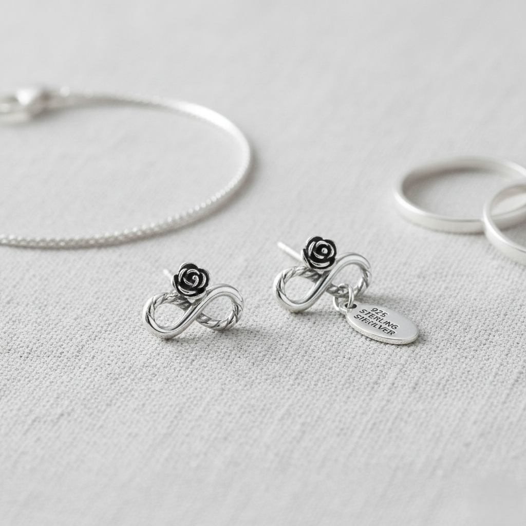 Rose sterling silver infinity stud earrings for women featuring a twisted minimalist 925 silver design.