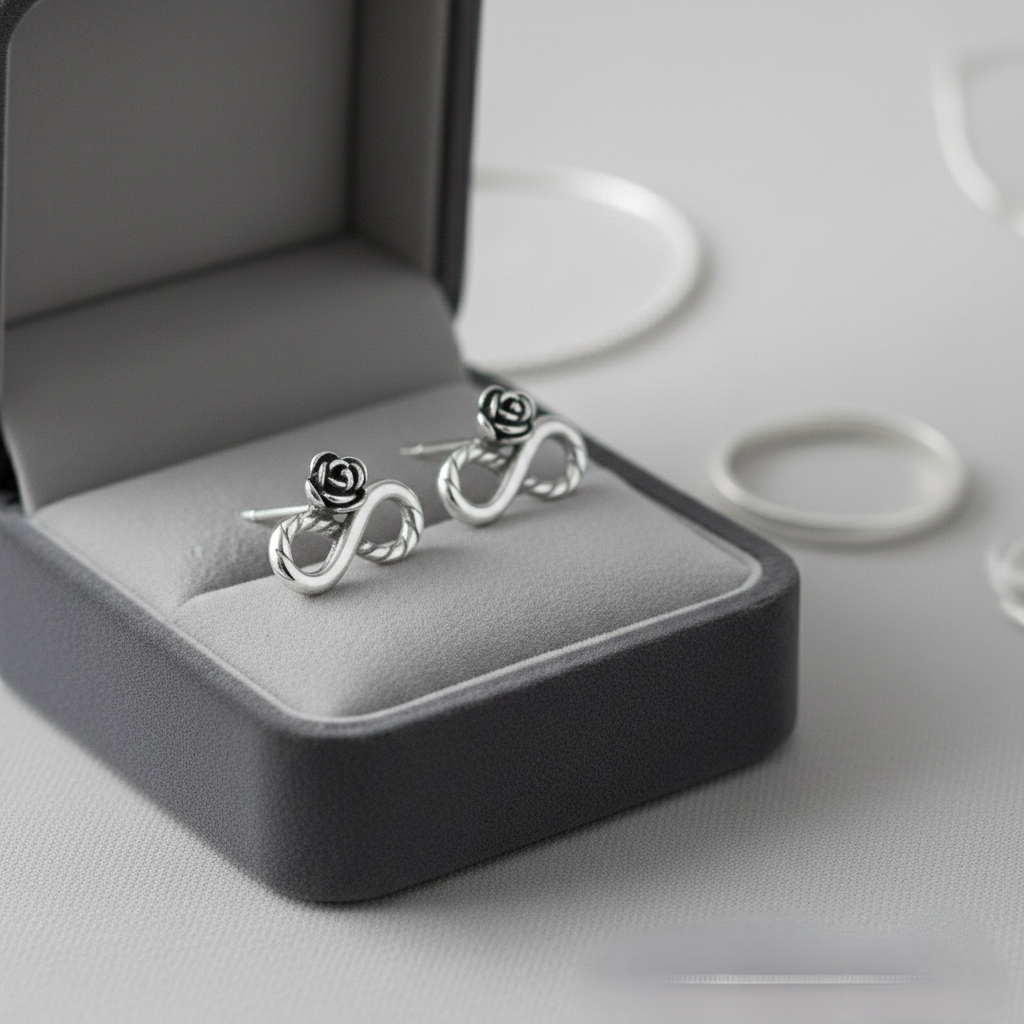 Rose sterling silver infinity stud earrings for women featuring a twisted minimalist 925 silver design.