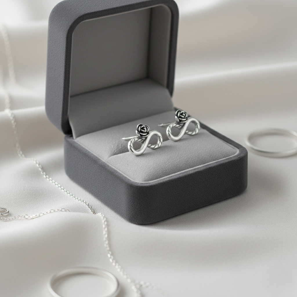 Rose sterling silver infinity stud earrings for women featuring a twisted minimalist 925 silver design.