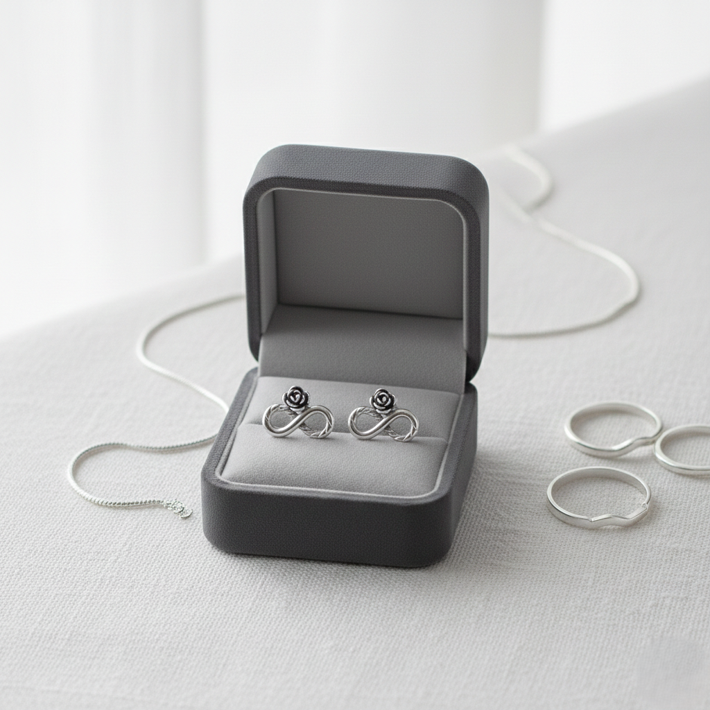 Rose sterling silver infinity stud earrings for women featuring a twisted minimalist 925 silver design.