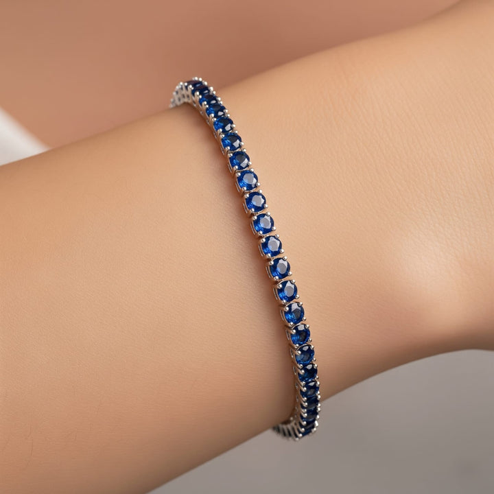 4mm blue sapphire tennis bracelet for women, handmade 925 sterling silver link jewelry, September birthstone bracelet, elegant gift for her
