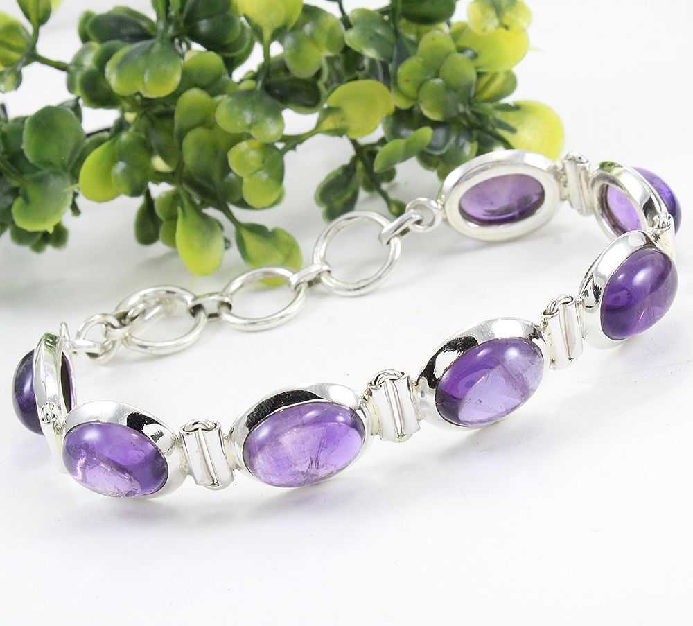 Natural Purple Amethyst 925 Silver Handmade Link Bracelet
