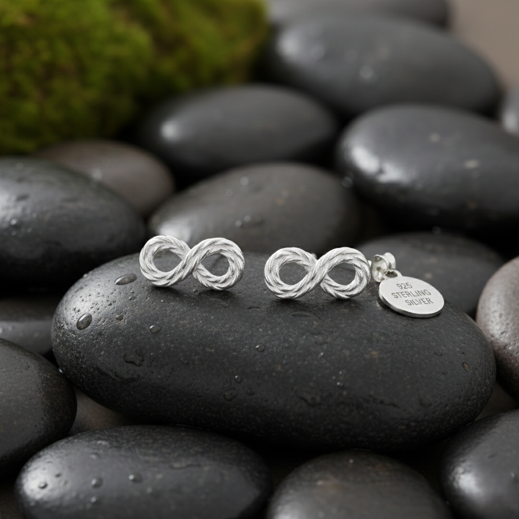 Sterling silver infinity stud earrings with a twisted 925 silver design, elegant minimalist jewelry for her.