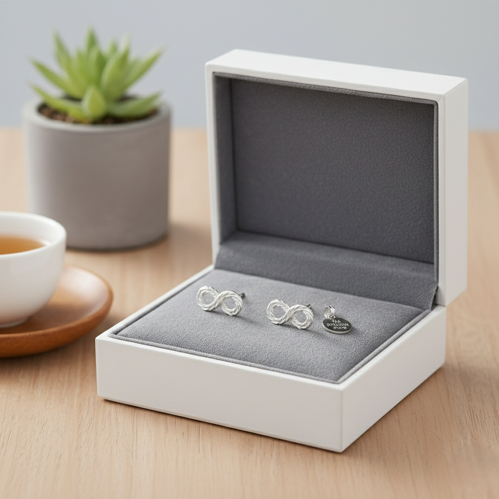 Sterling silver infinity stud earrings with a twisted 925 silver design, elegant minimalist jewelry for her.