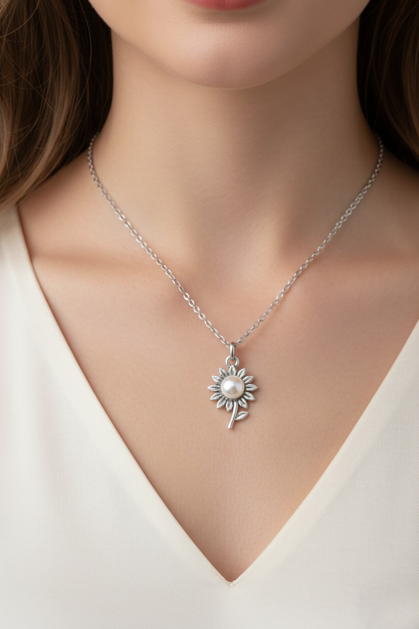 Sterling silver sunflower pendant necklace with a genuine freshwater pearl center on a delicate 925 silver chain for women.