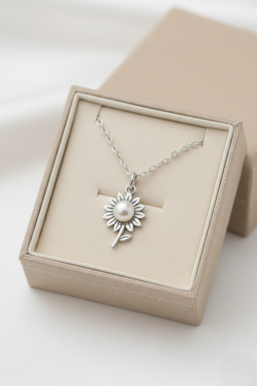 Sterling silver sunflower pendant necklace with a genuine freshwater pearl center on a delicate 925 silver chain for women.