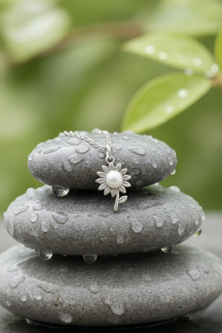 Sterling silver sunflower pendant necklace with a genuine freshwater pearl center on a delicate 925 silver chain for women.