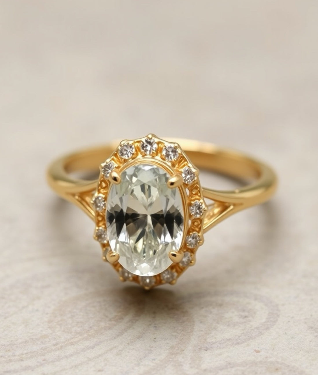 Oval cut diamond halo engagement ring in yellow gold featuring a sparkling oval center stone, delicate halo setting, and polished band, elegant bridal jewelry design.