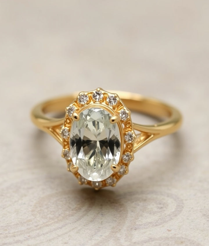 Oval cut diamond halo engagement ring in yellow gold featuring a sparkling oval center stone, delicate halo setting, and polished band, elegant bridal jewelry design.