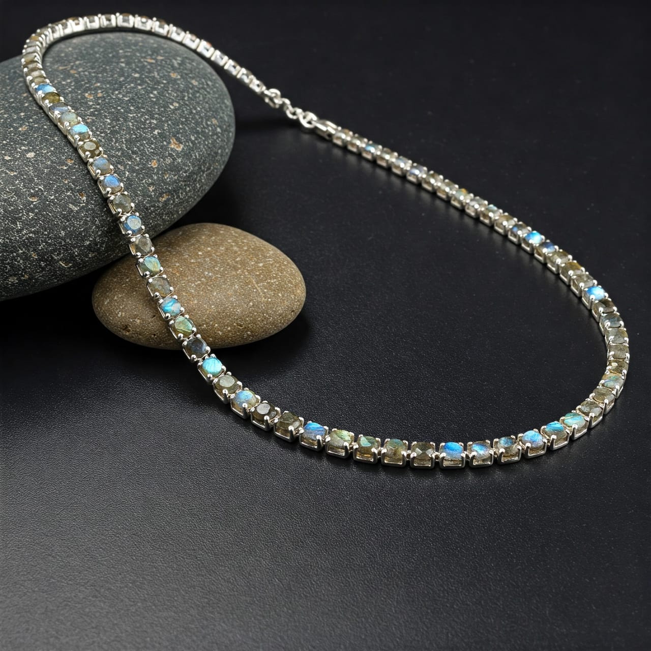 925银4毫米拉长石网球项链，适合女性 – 治愈宝石首饰，简约分层项圈项链，婚礼礼物