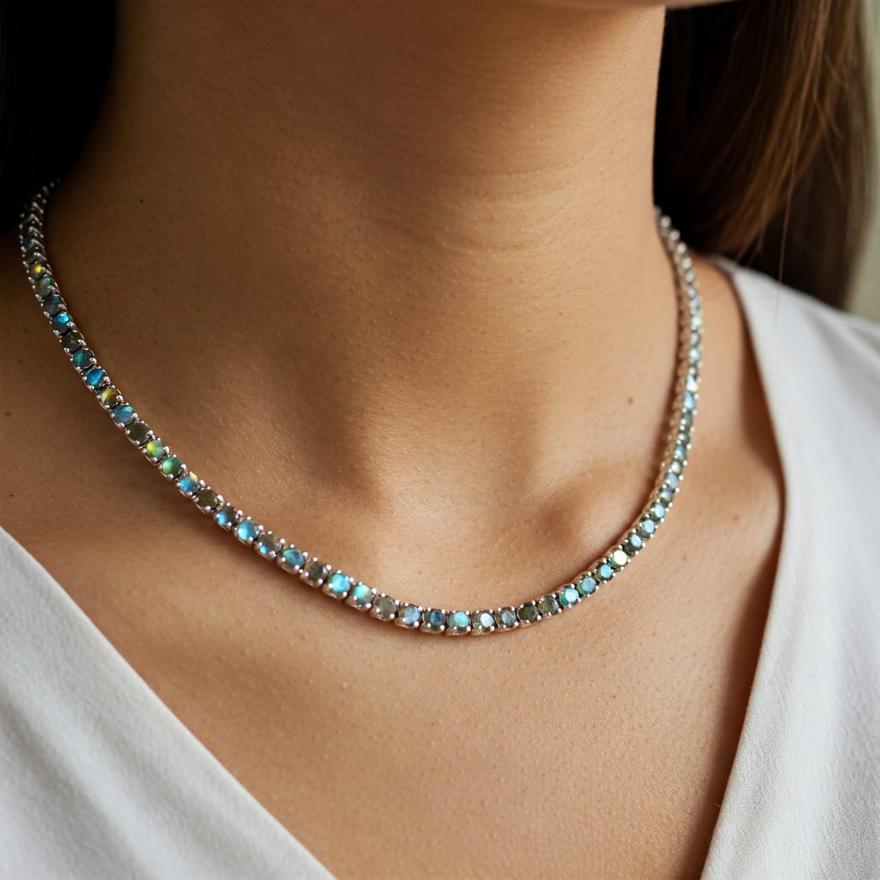 Collana tennis in labradorite 4 mm in argento 925 per donna – Gioielli con pietra di nascita curativa, collana choker minimalista a strati, regalo di nozze per lei