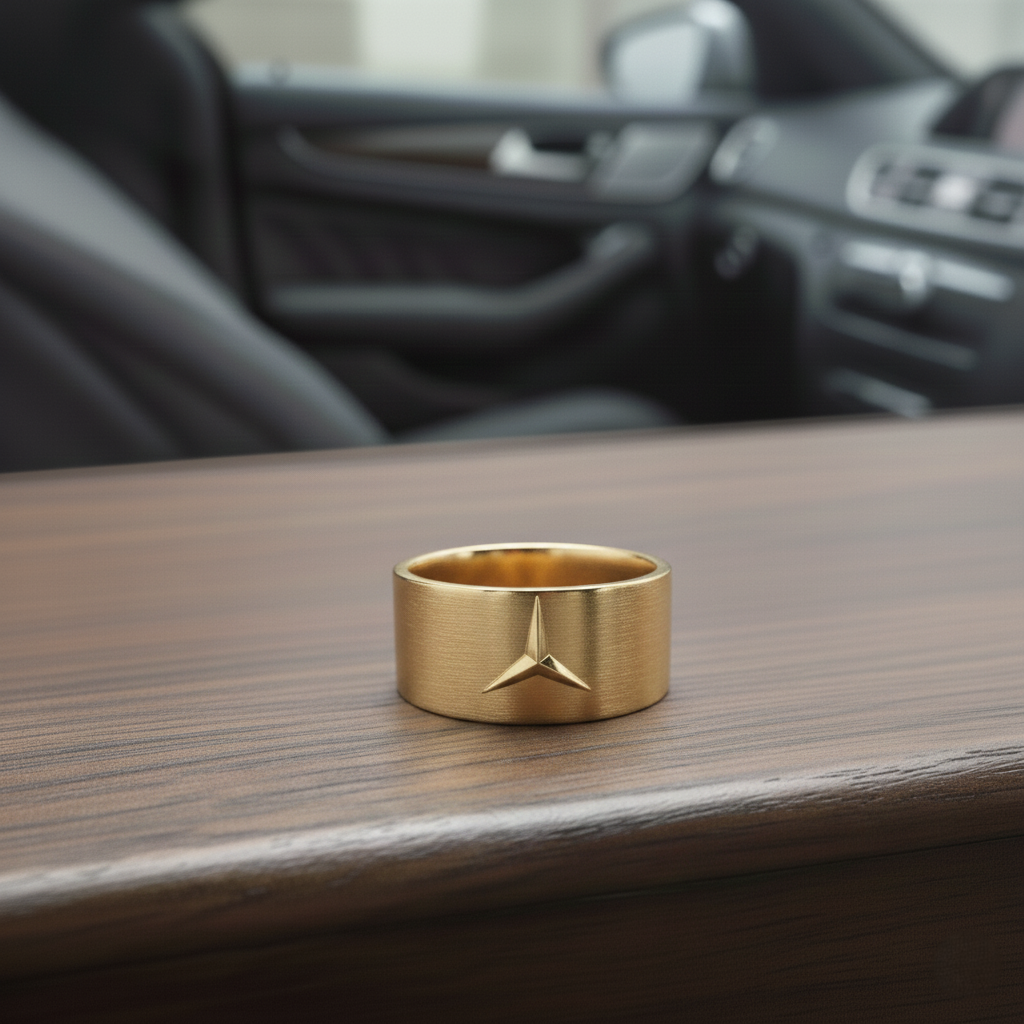 Brushed matte gold Mercedes logo ring, luxury men's car jewelry in sterling silver